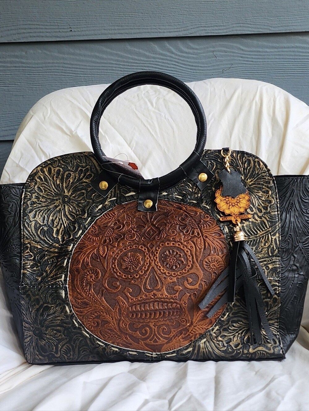 Authentic Artisana Mexican Tooled Leather Skull Handbag Flora Satchel